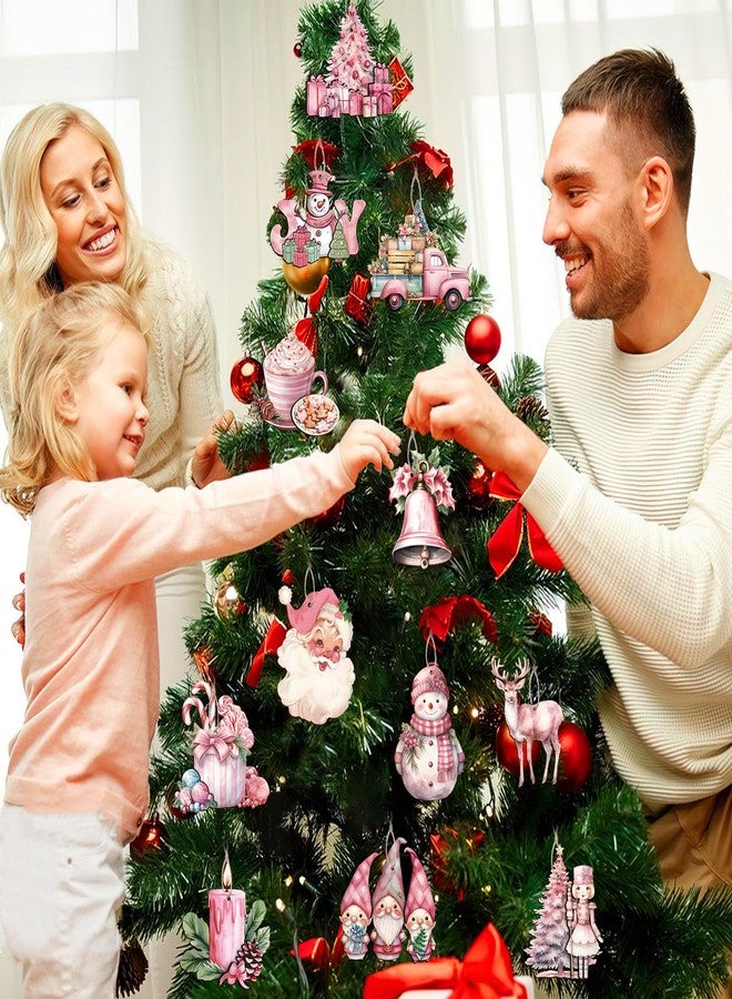 OOINQQ 36Pcs Pink Christmas Tree Hanging Ornaments, Wooden Christmas Ornaments for Tree Vintage Rustic Xmas 3D Wooden Hanging Pendants Tags for Winter Holiday Christmas Tree Home Party Decorations - Image 2